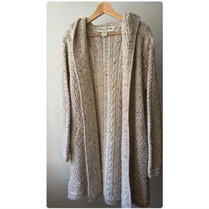 Aran Merino Wool Hooded Reading Sweater | Vintage Ireland Speckled Long Cable kn